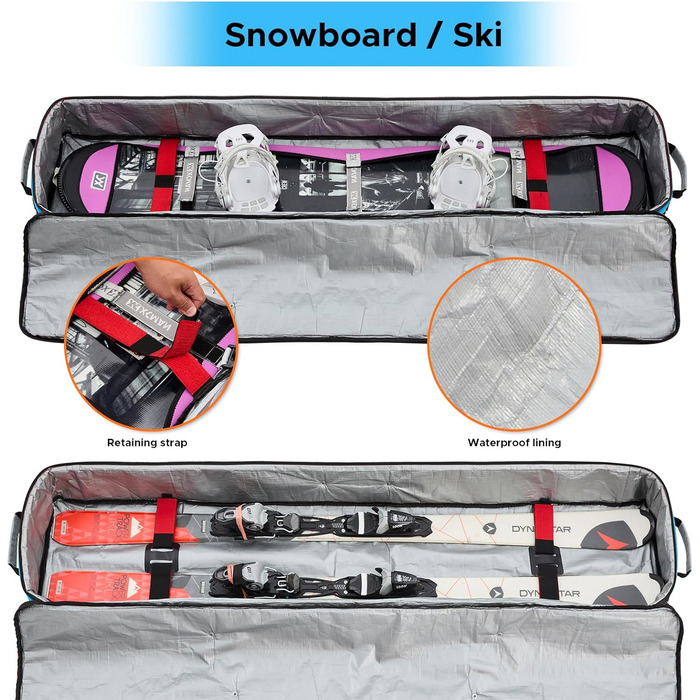 Чохол для сноуборду XCMAN для подорожей літаком – повністю ущільнений, водонепроникний, для сноуборду та черевиків (Синій, 165см)