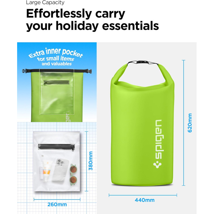 Водонепроникний мішок Spigen Aqua Shield 30L: Сумка, рюкзак для пляжу, плавання, кемпінгу, катання на човні та каяку (Cactus Green)