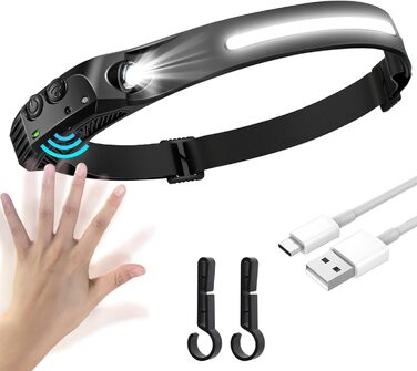 Ліхтар на голову LED акумуляторний USB, 350 люмен, 230° COB, сенсор, 5 режимів, IPX4, вологостійкий, для риболовлі