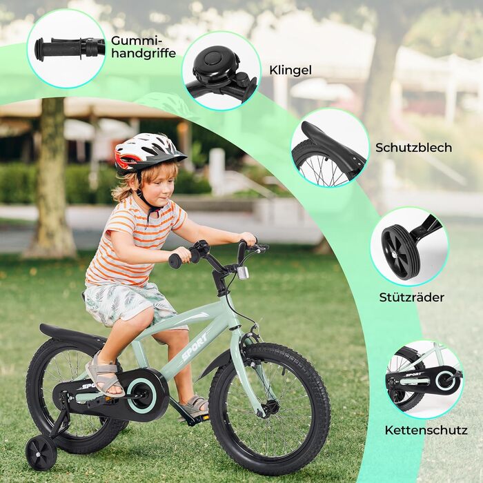 Дитячий велосипед BODIOO 12 дюймів, з регульованим сидінням, двома гальмами, підставкою, відбивачем та бризговиком, для дітей 84-97 см, колір м'ятно-сірий