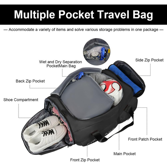 Спортивна сумка Flintronic 65L для тренувань та подорожей з відділенням для взуття та мокрих речей, функцією рюкзака та тримачем для валізи, чорна