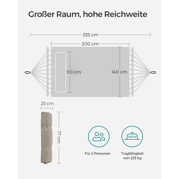 Гаммак SONGMICS для 2 осіб з подушкою, Outdoor, сіро-бежевий, 200 x 140 см, до 225 кг