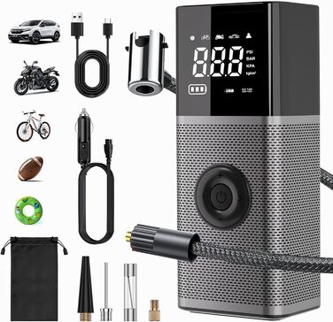 OneAmg електричний насос-компресор 6000мАг USB, 150PSI/10,3Бар, 12В/120Вт, портативний для велосипедів, авто, мотоциклів, м'ячів, з LED-підсвіткою і 5 режимами накачування