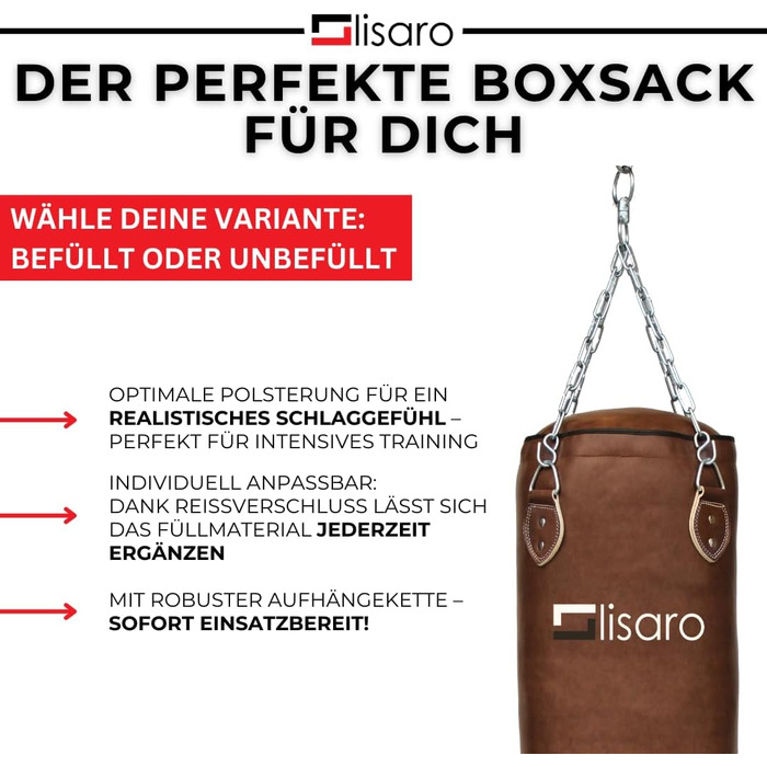 Боксерський мішок Lisaro Profi 150 см - для будь-якого спорту, 40 кг, з металевою ланцюгом, виготовлений з штучної шкіри (вініл), студійного рівня, коричневий