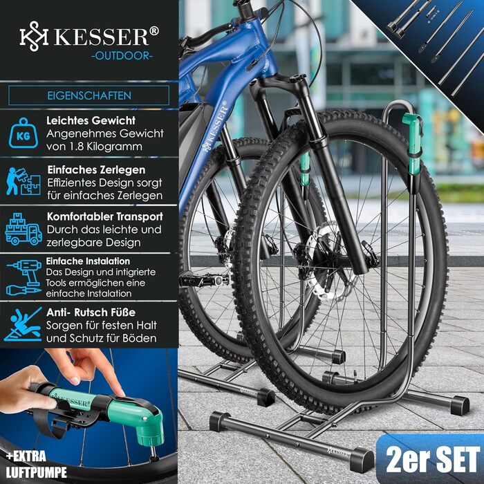 Підставка для велосипеда KESSER® для MTB, E-Bike, Citybike, шосе, з повітряним насосом. Підходить для шини до 65мм. (Антрацит, 2 шт.)