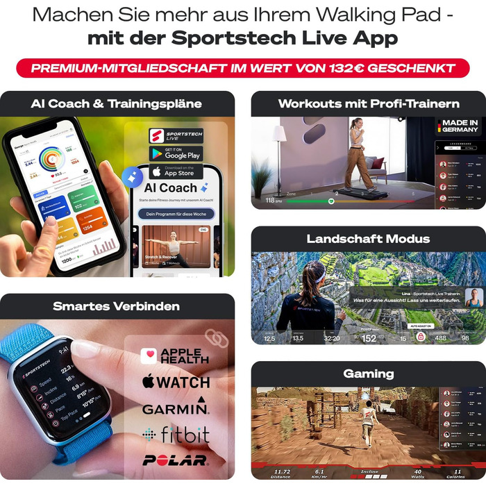 Тренажер для ходьби Sportstech WalkMate - біговий килимок для дому з нахилом до 9%, швидкість 1-6 км/год, з підключенням до додатку, для дому та офісу, з лічильником кроків, легкий та компактний, з транспортувальними роликами, до 120 кг, сірий колір