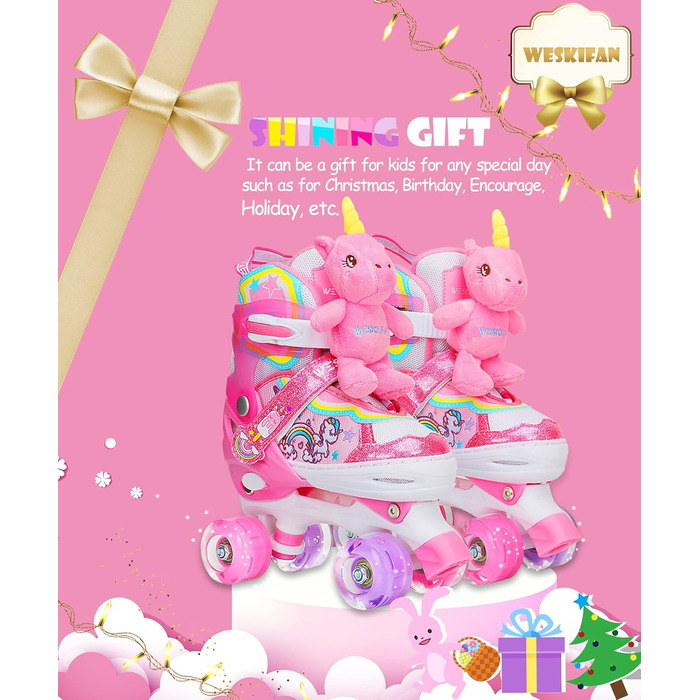 Дитячі ролики Kinder Einhorn для дівчаток, 4 розміри, регульовані, з підсвічуванням, ролики Quad для початківців, подарунок на Різдво/День народження (S(30~33), Рожевий)