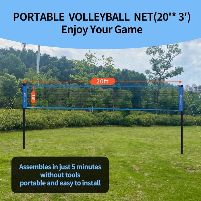 Набір для волейболу на вулиці: портативна сітка, м'яч, насос, сумка, міцна сітка (20 футів, блакитний)