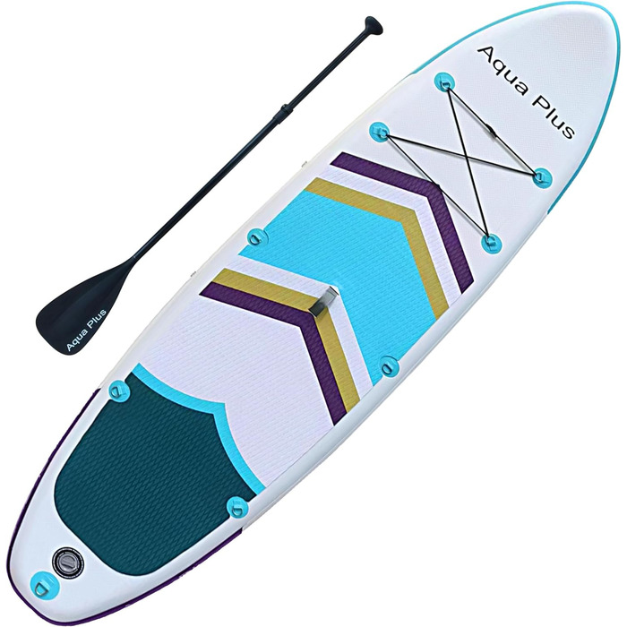 Надувне SUP Aqua Plus 15см: дошка для SUP, весло, насос, рюкзак. Підходить для будь-якого рівня підготовки. Розмір 335x83x15см, кольори: фіолетовий, жовтий, зелений.