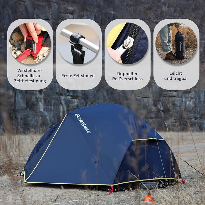 Намет EchoSmile для кемпінгу на 2-3 особи, водонепроникний PU3000 мм, туристичний намет-купол, 3-4 сезонний, для кемпінгу, походів та альпінізму, легко монтується, блакитний (2 особи)