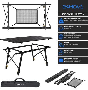 Столик для кемпінгу 24MOVE®: розкладний, з алюмінієвим каркасом, регульована висота, до 30 кг, з сумкою