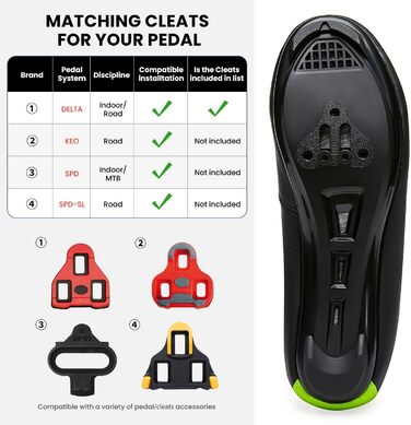 Велотуфлі для чоловіків та жінок: шосейні та MTB, сумісні з педалями Look SPD, SPD-SL, Delta Lock, Peloton. Розмір 41 EU, чорний/зелений