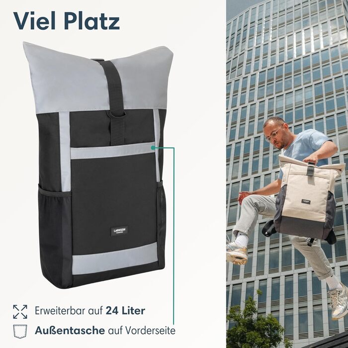 Жіночий рюкзак LARKSON Rolltop No 2, великий, чорний, з відбивачем, для школи, університету, велосипеда, відділення для ноутбука 16'', водостійкий, антикрадіжний, екологічний