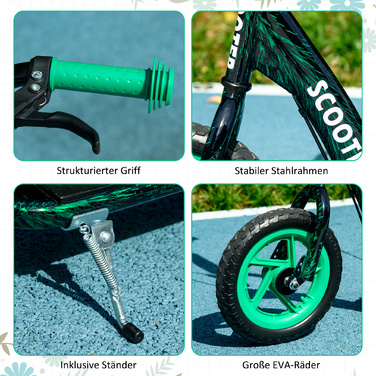Дитячий трюковий самокат з регулюванням висоти, з гальмом, підставкою, 2 колеса, сталевий, зелений