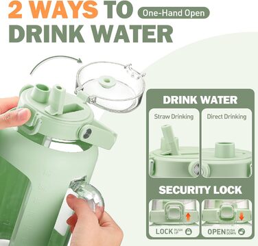 Скляна пляшка для води HYDRAGLAZIC 2 л з ручкою та соломинкою, мотиваційна, з кришкою, часом і мірною шкалою, герметична, світло-зелена, для спорту