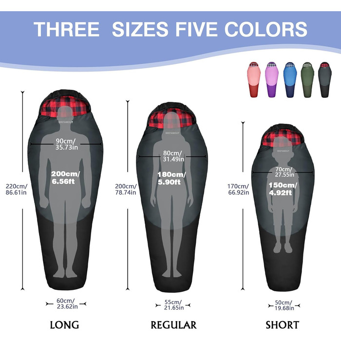 Спальний мішок WKFAMOUT Mumienschlafsack Outdoor -12°C-0°C, 500GSM, фліс, 3-4 сезони, для дорослих та дітей, чорний