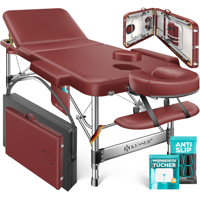 Масажне ліжко KESSER® з 3 зонами, до 250 кг, складане, регульоване, з аксесуарами (підголовник, підлокітники, сумка), для косметичних процедур та терапії, антиковзаюча поверхня, 61 см, Бордовий