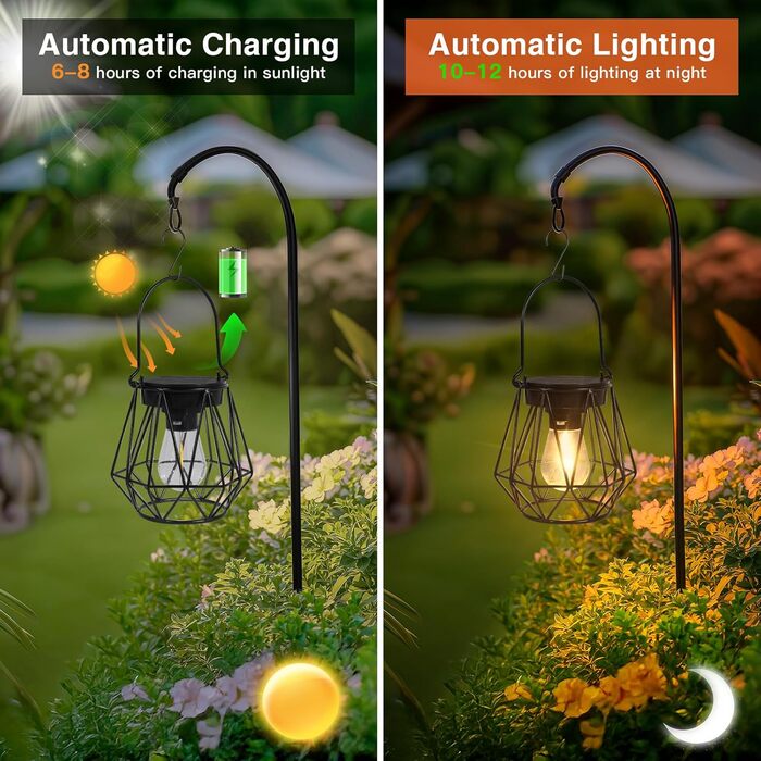 2 Сонячні ліхтарі для вулиці, підвісні, IP65, металеві, LED, для саду, патіо, кемпінгу, газону, чорні (шестикутні)