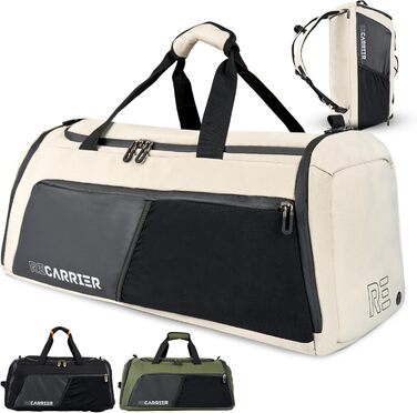 Спортивна сумка [з переробленого PET] 50L – сумка для спортзалу та рюкзак 2в1 – водонепроникна спортивна сумка для чоловіків та жінок – спортивний рюкзак з відділенням для взуття, велика туристична сумка (Савана Бежевий)