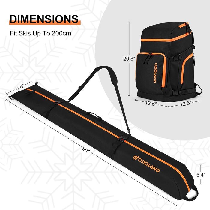 Сумка для лиж Odoland Skitasche Set: комбо для лиж та взуття, водонепроникна, до 200 см, для чоловіків та жінок (Помаранчевий)