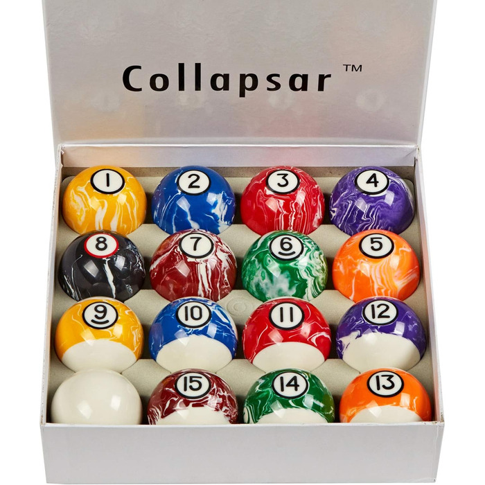 Набір куль для більярду Collapsar Deluxe, 5.4 см, стиль мармуру, 16 куль, повний комплект, білий мармур з чорним колом