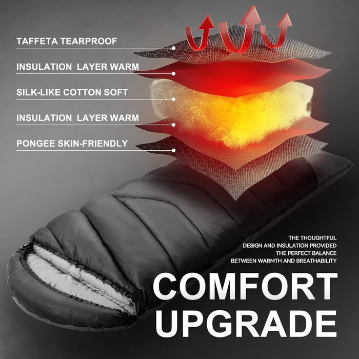 Спальний мішок для дорослих на холодно, водонепроникний, легкий, чорний (1,8 кг) - для кемпінгу, походів, відпочинку на природі та дому