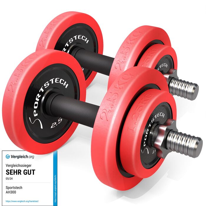 Sportstech 2в1 Набір гантелей з силіконовим покриттям, 20/30 кг, німецька якість, гантелі та штанга в одному, AH300