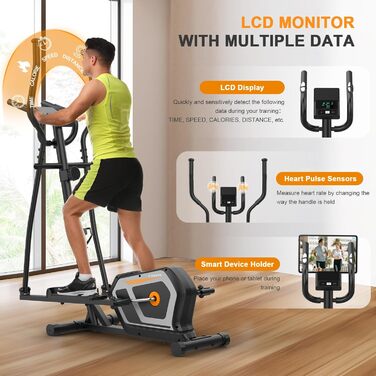 Еліптичний тренажер Crosstrainer 3-в-1 з LCD-монітором та регулюванням навантаження до 287 кг (Оранжевий + Чорний)