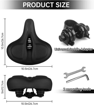 Широке велосипедне сідло для жінок та чоловіків: комфортне, водонепроникне, з пам'яті піною. Підходить для міських, шосейних, гірських велосипедів та велотренажерів (Чорний/Чорний)