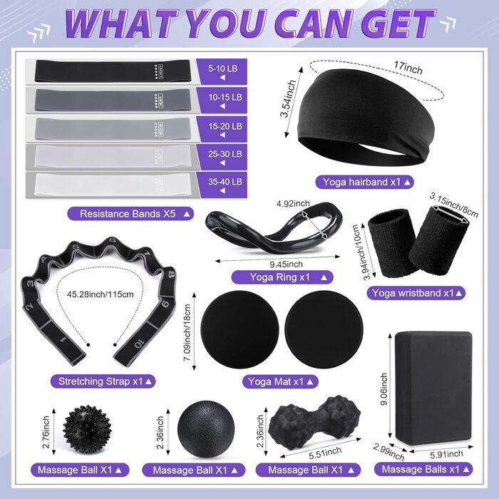 Набір для пілатесу для жінок 24 елементи: кільце, м'яч, стрічка, пляшка, фітнес-сумка, еластичні стрічки, антиковзаючі шкарпетки (чорний)