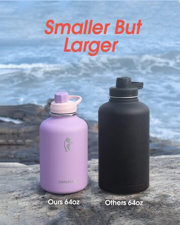 Пляшка для води Coolflask 2 л з нержавіючої сталі з PU-чохлом, з трубочкою, термобутилка для напоїв, зберігає холод 48 годин, тепло 24 години, фіолетова