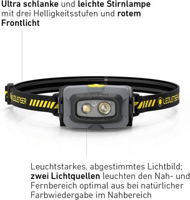 Ліхтар налобний Ledlenser HF4R Work 500 Lumen, акумуляторний, водонепроникний IP68, з червоним світлом, чорний/жовтий
