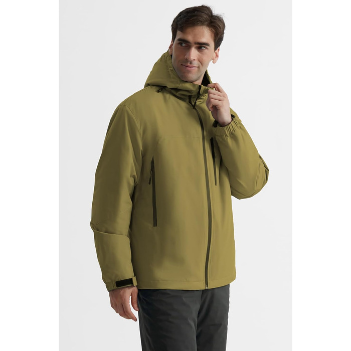 Чоловіча зимова куртка GEYSE: водонепроникна, з капюшоном та інтегрованими підтяжками. Ідеальна для сноубордингу, хайкінгу та активного відпочинку. Колір: Areegrün (пісково-сірий), розмір S