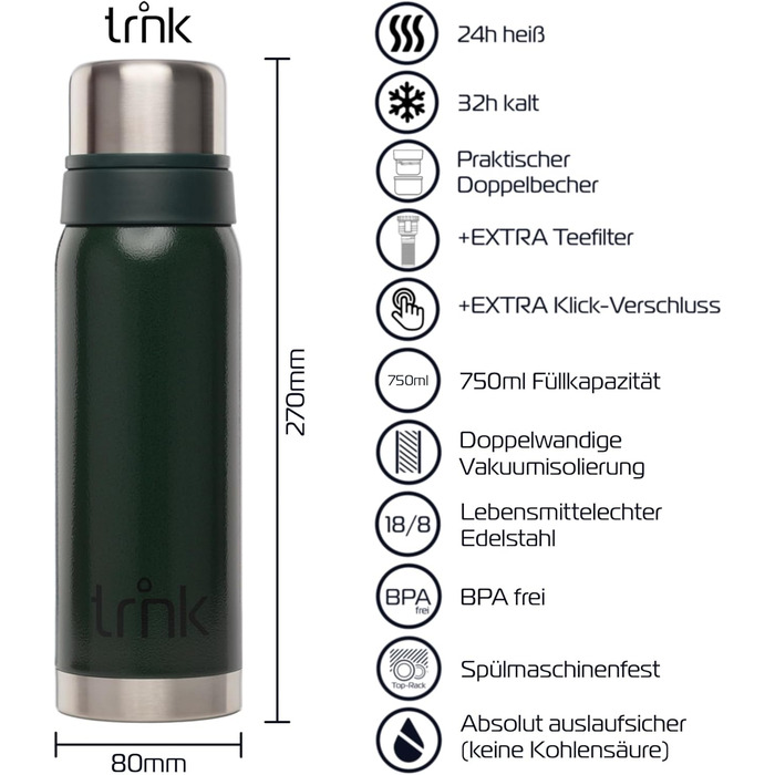 Термос trnk Outdoor polar 2, 750 мл, нержавіюча сталь, BPA-free, з 2 чашками, тримає тепло 24 години, підходить для посудомийної машини, зелений