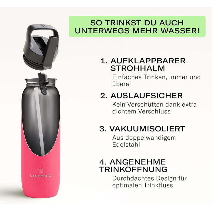 Термос-пляшка waterdrop® 1 л з трубочкою – ізольована нержавіюча сталь, зберігає холод до 24 годин і тепло до 6 годин, герметична та ударостійка, BPA Free, можна мити в посудомийці, термочашка для напоїв