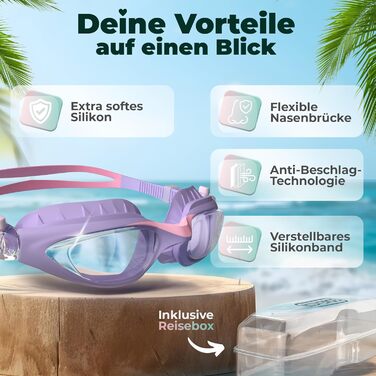 Дитячі окуляри для плавання Kidverse - Комфортні окуляри для дайвінгу для дітей 3-13 років з UV-захистом та антизапітнієвим покриттям - Окуляри для плавання для дівчаток та хлопчиків (фіолетово-рожеві)