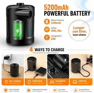 Електричний повітряний насос для басейну та надувних іграшок 5200mAh, акумуляторний, з 3 насадками, для матраців, човнів, чорний