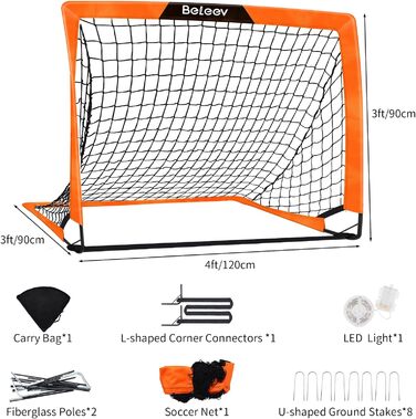 Дитячі футбольні ворота BELEEV для саду та ігор у приміщенні, 4x3/6x4 ft, з LED-підсвічуванням, портативні, складані, з сумкою для перенесення, 120*90 см (2 шт.)
