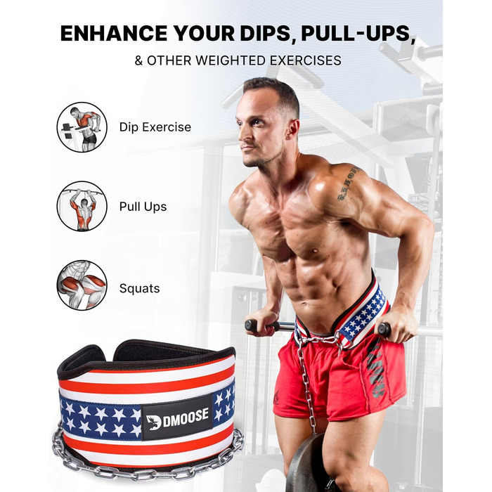 Пояс для важкої атлетики DMoose Dip з 36' сталевою ланцюгом - для підтягувань та присідань, пояс для чоловіків та жінок, з комфортною неопреновою підтримкою