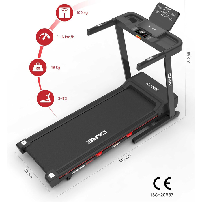 Бігове доріжки Care Fitness Jogger Max з LED-дисплеєм та моторизованим нахилом, 16 км/год, 28 програм, тихий мотор