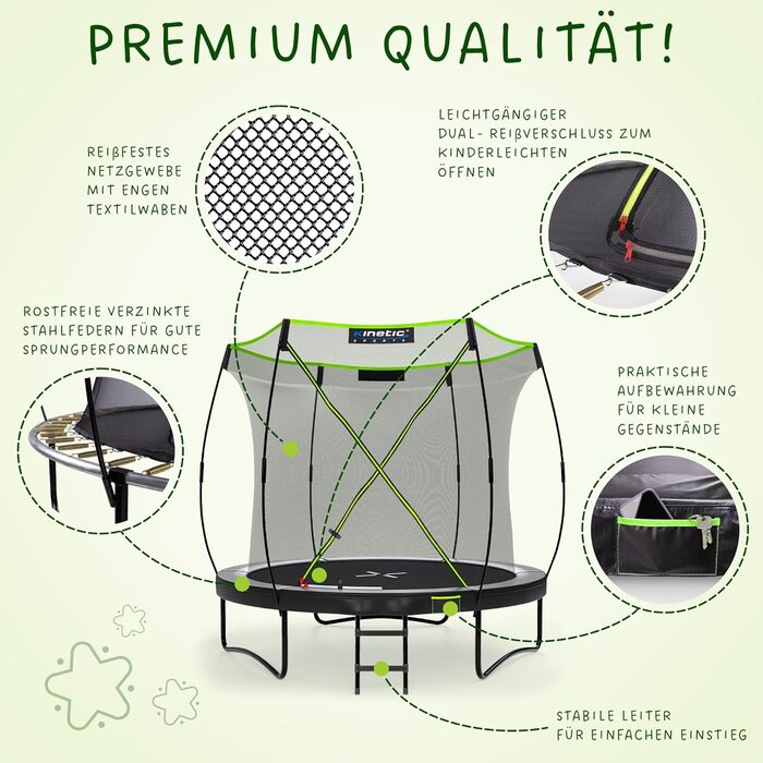 Кінь-стрибун KINETIC SPORTS Ultimate Pro Ø 244/305/366/427 см – сертифікат TÜV Rheinland GS, з драбиною, скловолоконна сітка, для саду, дизайн 