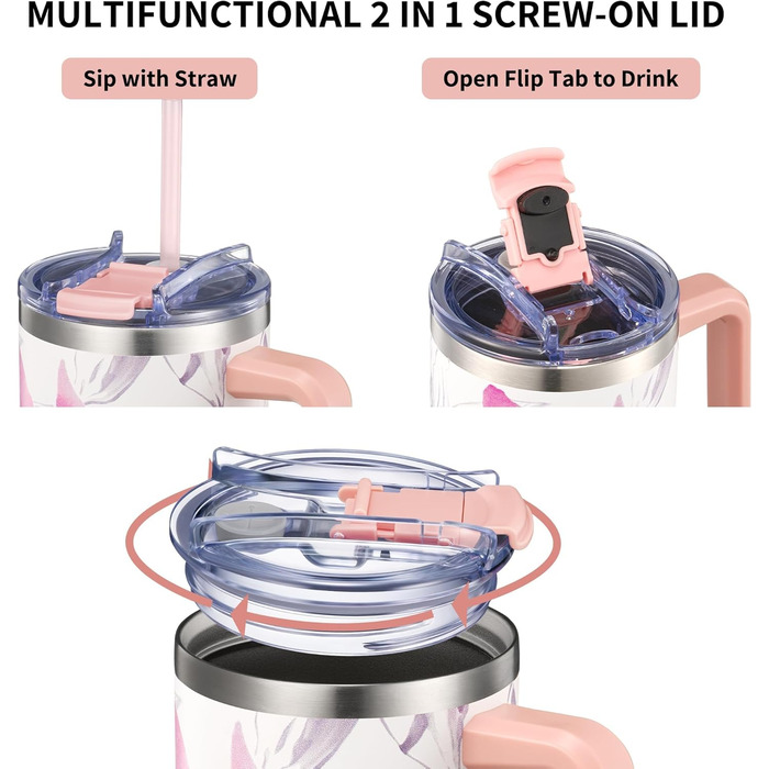 THILY Термопляшка з нержавіючої сталі з кришкою та трубочкою, 1180 мл, спортивна термопляшка з широким горлом, подвійні стінки, зберігає напої холодними або теплими цілий день, колір Лаванда (P40 - Квітка Лотоса, Модель A: Міцний ручка + Компактна основа)