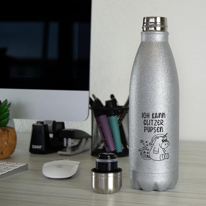 Термос-бутилка з нержавіючої сталі з блискітками, BPA-Free, срібляста, подарунок