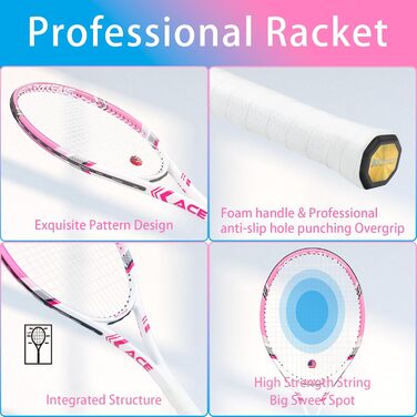 Тенісна ракетка для дорослих, 2 шт. для гри вдвох, 69 см, швидка, підходить для початківців та професіоналів, з 3 тенісними м'ячами, 2 демпферами вібрації, 2 оверґріпами, сумка для тенісу (рожево-блакитна)