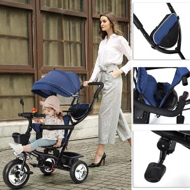 Триколісний велосипед 4 в 1 для дітей від 1 року з батьківською ручкою – дитячий триколіс для 1-4 роки до 25 кг, регульована батьківська ручка, поворотне сидіння, складна тентова система та кошик – компактний та безпечний (Темно-синій)