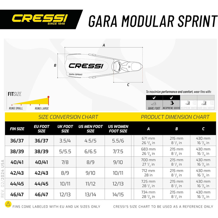 Ласти для дайвінгу, снорклінгу та фрідайвінгу Gara Sprint Cressi: модульна конструкція, регульована підошва, блакитні, Італія