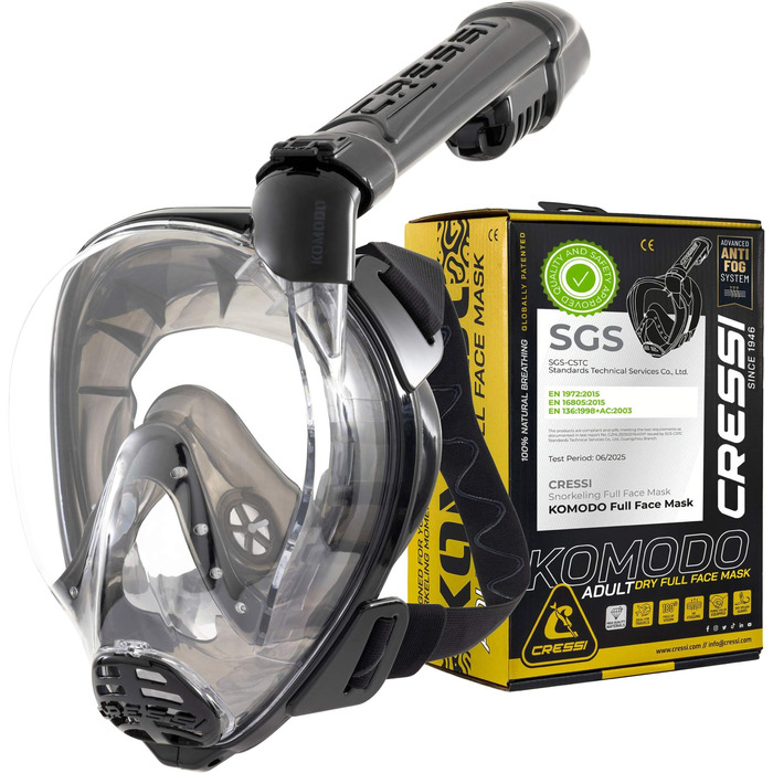 Маска для снорклінгу CRESSI Komodo – повна маска Dry з широким оглядом 180° та боковим загубником. Без запотівання, регульовані ремінці M/L, чорний колір.