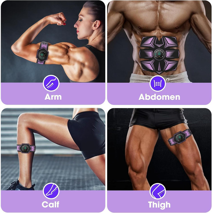 Електричний тренажер для пресу EMS, Мультитренажер для тіла з USB-зарядкою, 8 режимів та 19 рівнів інтенсивності, для жінок та чоловіків (Рожево-фіолетовий)