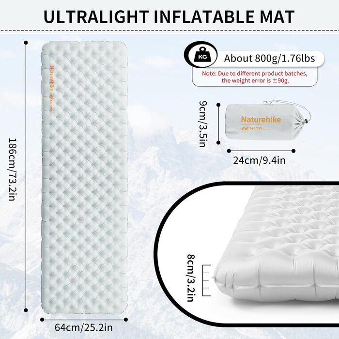 Кемпінговий килимок Naturehike Thermal 3.2R: ультралегкий, 4-сезонний (-5℃), високий R-значення, ізоляція для зими (сірий, L, без надувної сумки)
