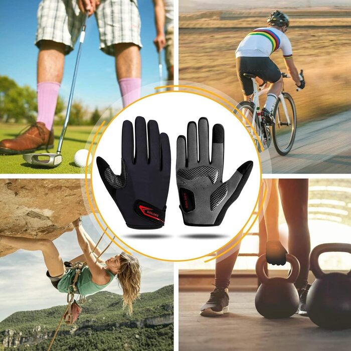 Велосипедні рукавички без пальців для фітнесу, антибактеріальні, нековзкі, амортизуючі рукавички для їзди на велосипеді для чоловіків та жінок (S, повний палець-чорний)